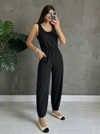 Kadın Askılı Yuvarlak Yakalı Cepli Viskon Tulum