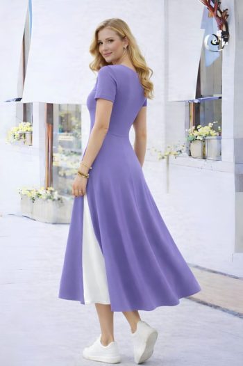 Kadın Kısa Kollu Asimetrik Yakalı Düğme Detaylı Midi Viskon Elbise