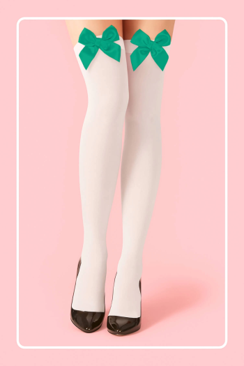 Kadın Modern Stil Yeşil Fiyonklu Beyaz Jartiyer Çorabı TM1380