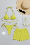 Kadın 3’lü Set Fosforlu Şortlu ve Yandan Bağlamalı Bikini Mayo Takımı