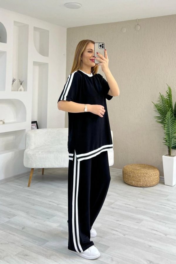 Kadın Kısa Kollu Bisiklet Yaka çift Renk şerit Detaylı Viskon Iki Iplik Bluz Ve Pantolon Ikili Takım