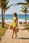 Kadın Fosforlu Şortlu Belden ve Boyundan Bağlamalı Bikini Takımı