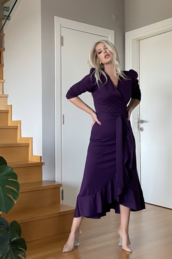 Krep Kumaş Midi Boy Kuşaklı Uzunkol Elbise