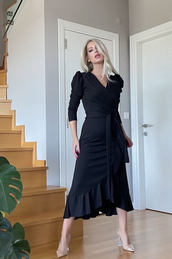 Krep Kumaş Midi Boy Kuşaklı Uzunkol Elbise 113 Cm