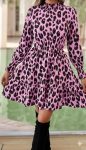 Kadın Uzun Kollu Yarı Balıkçı Yaka Leopar Desenli Modal Mini Elbise