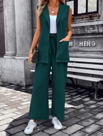 Kadın Kolsuz önü Açık Yakalı Cepli Janjan Krep Yelek Ve Pantolon Ikili Takım