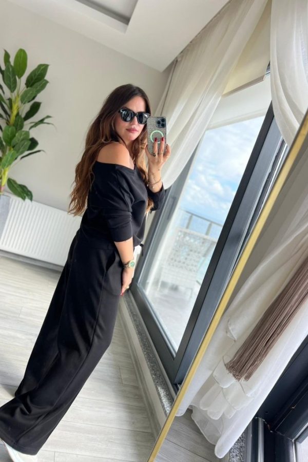 Kadın Uzun Kollu Tek Omuzdan Açık Modal Bluz Ve Pantolon Ikili Takım