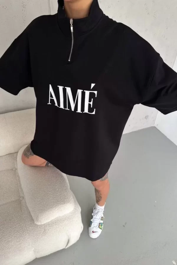 Unisex Yarım Fermuarlı Baskılı T-Shirt - Siyah