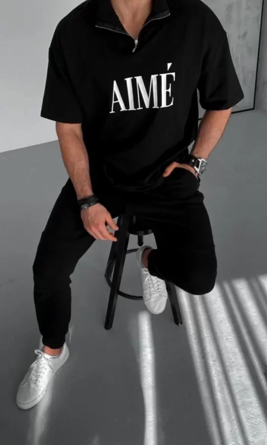 Unisex Yarım Fermuarlı Baskılı T-Shirt - Siyah