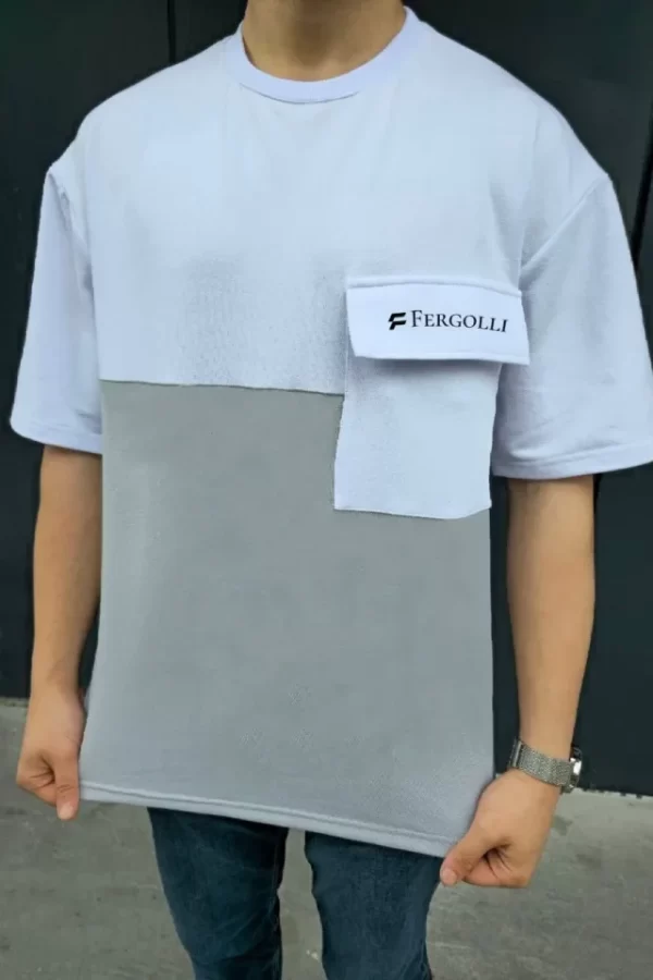 Unisex Torba Cep Detaylı Parçalı T-Shirt - Gri