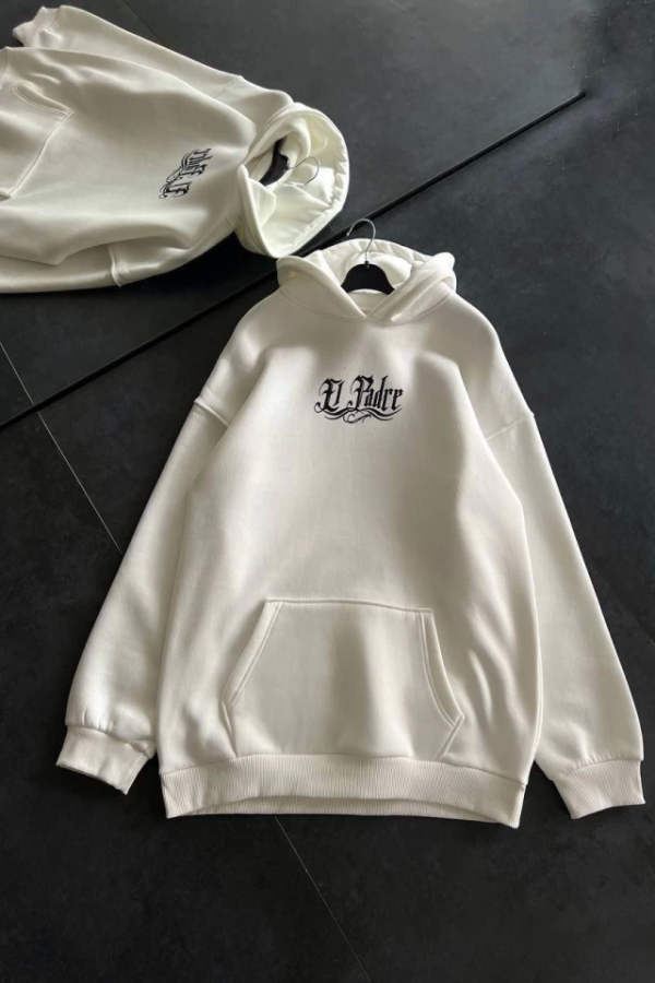 Üç İplik Penye Uzun Kol Kapşonlu Baskılı SweatShirt - Beyaz