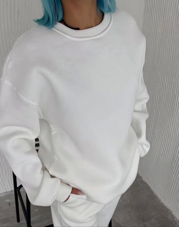 Kışlık Bisiklet Yaka Üç İplik Basic SweatShirt - Beyaz