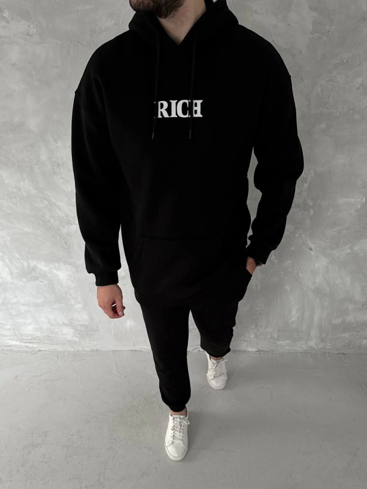 Uzun Kol Kapşonlu Göğüs Baskılı SweatShirt - Siyah - Görsel 2