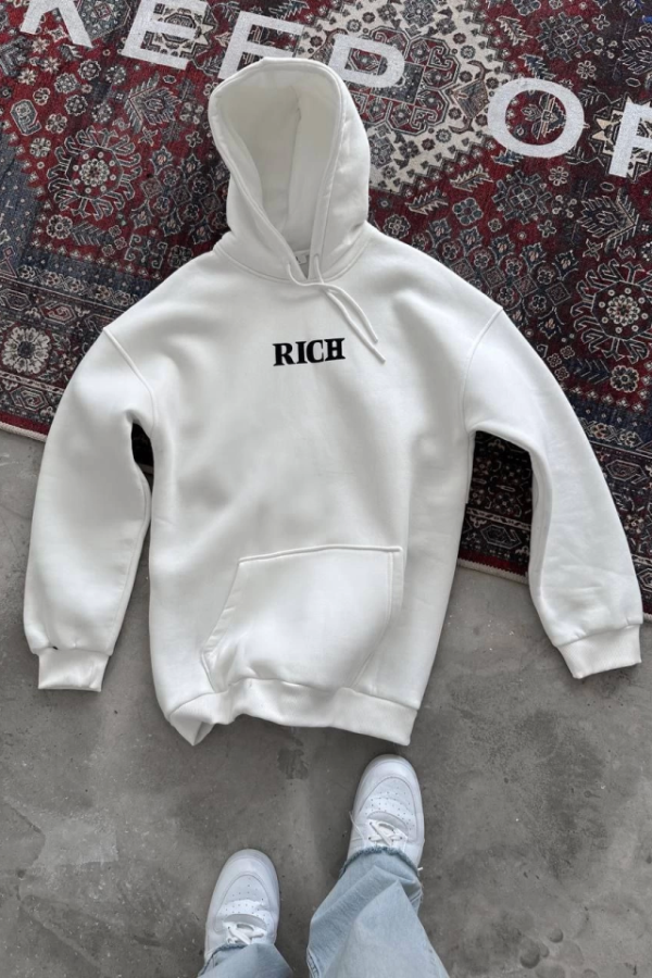 Uzun Kol Kapşonlu Göğüs Baskılı SweatShirt - Beyaz