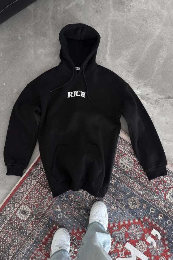 Uzun Kol Kapşonlu Göğüs Baskılı SweatShirt - Siyah
