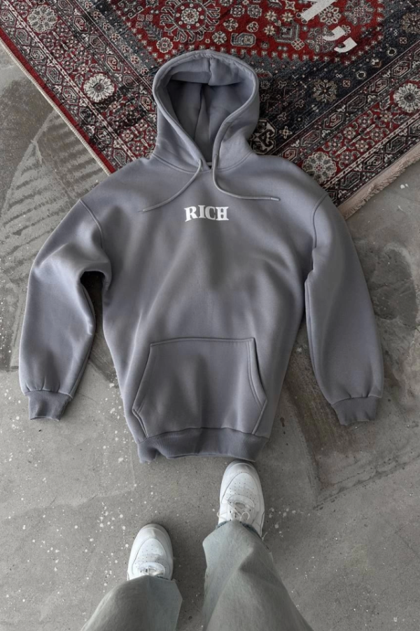 Uzun Kol Kapşonlu Göğüs Baskılı SweatShirt - Gri