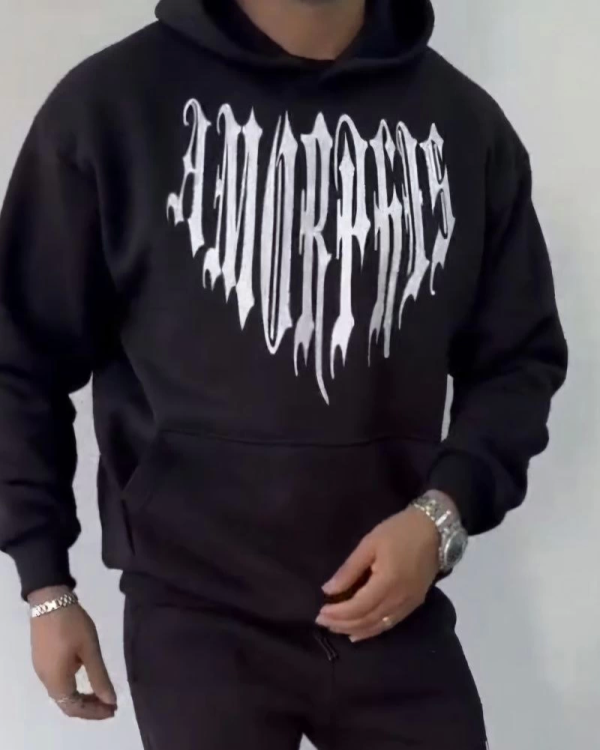 Uzun Kol Kapşonlu Baskılı SweatShirt - Siyah