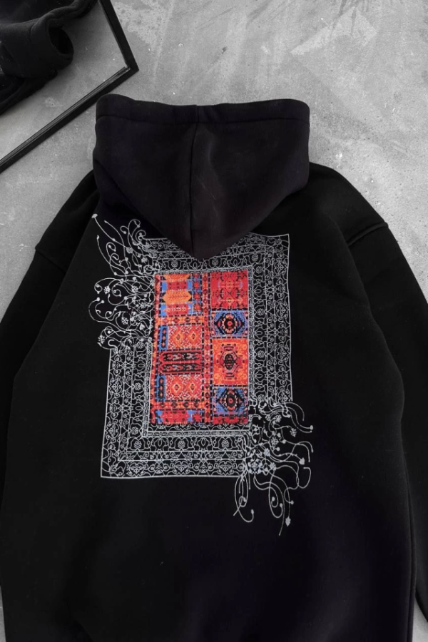 Uzun Kol Kapşonlu Ön Ve Arka Baskılı SweatShirt - Siyah