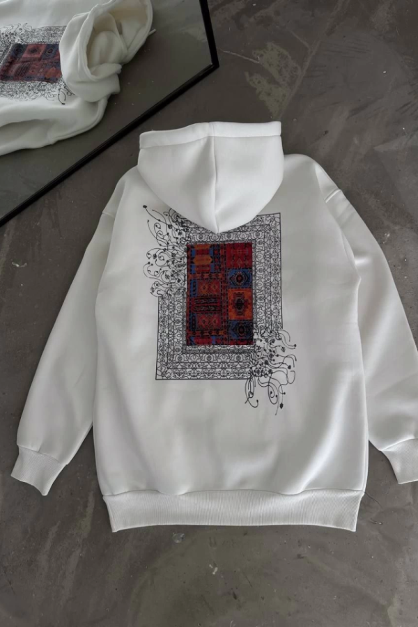 Uzun Kol Kapşonlu Ön Ve Arka Baskılı SweatShirt - Beyaz