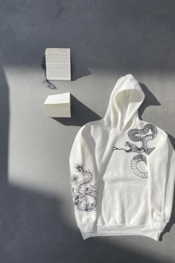 Uzun Kol Kapşonlu Baskılı SweatShirt - Beyaz