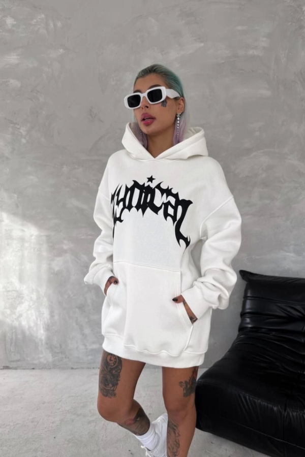 Unisex Üç İplik Kapşonlu Baskılı SweatShirt - Beyaz