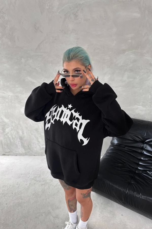 Unisex Üç İplik Kapşonlu Baskılı SweatShirt - Siyah