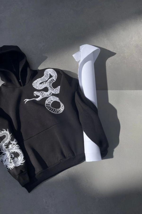 Uzun Kol Kapşonlu Baskılı SweatShirt - Siyah