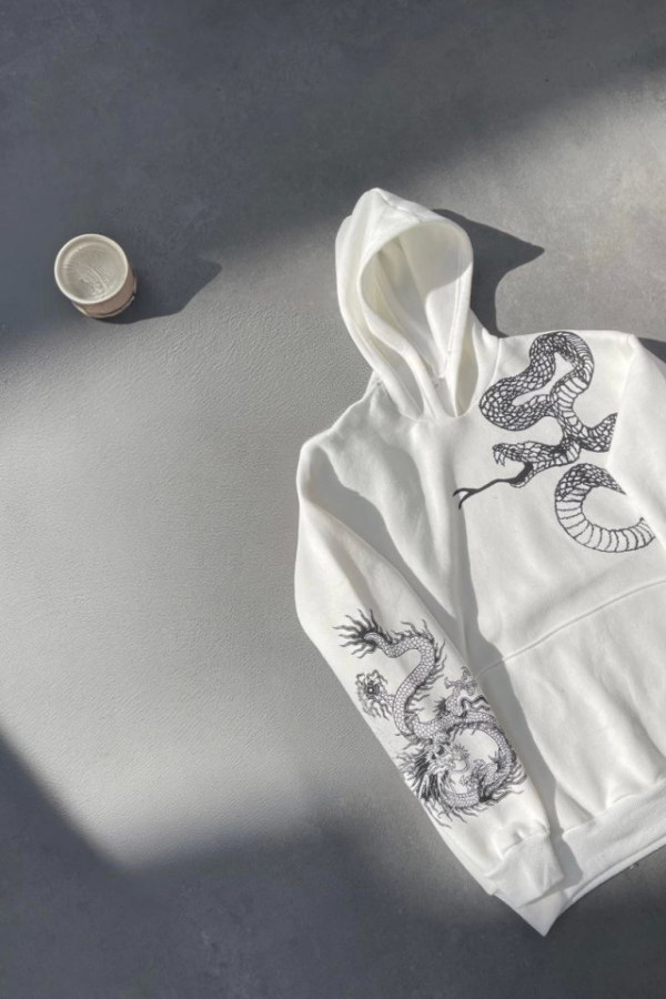 Uzun Kol Kapşonlu Baskılı SweatShirt - Beyaz