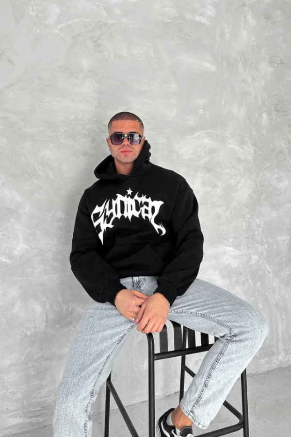 Unisex Üç İplik Kapşonlu Baskılı SweatShirt - Siyah