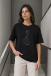 Minimal Gitar Baskılı Tişört T-Shirt Yazlık Kısa Kol Bisiklet Yaka T-Shirt – Siyah