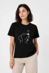 Köpek Figürlü Minimal Baskılı Tişört Kısa Kol Yazlık T-Shirt – Siyah