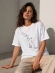 Minimal Kedi Çizim Baskılı Tişört Kısa Kol Yazlık T-Shirt – Beyaz