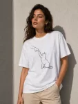 Minimal Kedi Çizim Baskılı Tişört Kısa Kol Yazlık T-Shirt – Beyaz