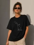 Minimal Kedi Çizim Baskılı Tişört Kısa Kol Yazlık T-Shirt – Siyah
