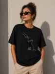 Minimal Kedi Çizim Baskılı Tişört Kısa Kol Yazlık T-Shirt – Siyah