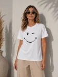 Minimal Gülümseyen Yüz Baskılı Tişört Kısa Kol Yazlık T-Shirt – Beyaz