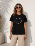 Minimal Gülümseyen Yüz Baskılı Tişört Kısa Kol Yazlık T-Shirt – Siyah