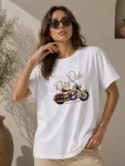 Motosiklet Baskılı Tişört Bisiklet Yaka Kısa Kol Yazlık T-Shirt – Beyaz
