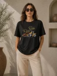 Motosiklet Baskılı Tişört Bisiklet Yaka Kısa Kol Yazlık T-Shirt – Siyah