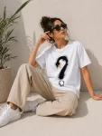Kuğu Figürlü Soru İşareti Baskılı Tişört Kısa Kol T-Shirt – Beyaz