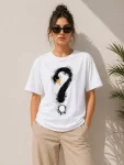 Kuğu Figürlü Soru İşareti Baskılı Tişört Kısa Kol T-Shirt – Beyaz