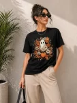 Balkabağı Hayalet Baskılı Tişört Kısa Kol Yazlık T-Shirt – Siyah