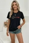 Minimal Kalp İşaret Baskılı Tişört Kısa Kol Yazlık T-Shirt - Siyah