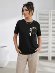 Sevimli Kedi Cep Baskılı Tişört Kısa Kol Yazlık T-Shirt – Siyah