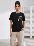 Sevimli Kedi Cep Baskılı Tişört Kısa Kol Yazlık T-Shirt – Siyah