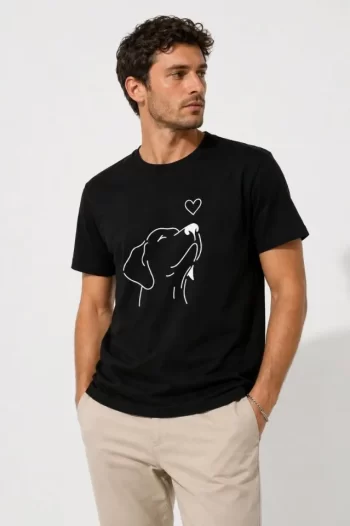 Erkek Köpek Figürlü Minimal Baskılı Tişört Kısa Kol Yazlık T-Shirt - Siyah