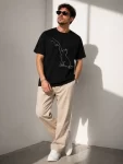 Erkek Minimal Kedi Çizim Baskılı Tişört Kısa Kol Yazlık T-Shirt – Siyah