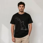 Erkek Minimal Kedi Çizim Baskılı Tişört Kısa Kol Yazlık T-Shirt – Siyah