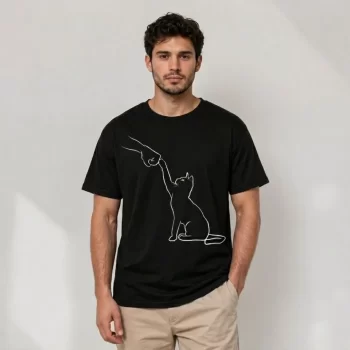 Erkek Minimal Kedi Çizim Baskılı Tişört Kısa Kol Yazlık T-Shirt - Siyah