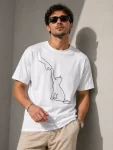 Erkek Minimal Kedi Çizim Baskılı Tişört Kısa Kol Yazlık T-Shirt – Beyaz